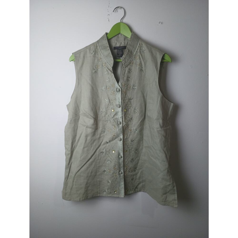 Anne Carson Women's Linen Embroidered Sleeveless‎ Top Blouse Size 1X Boho Green